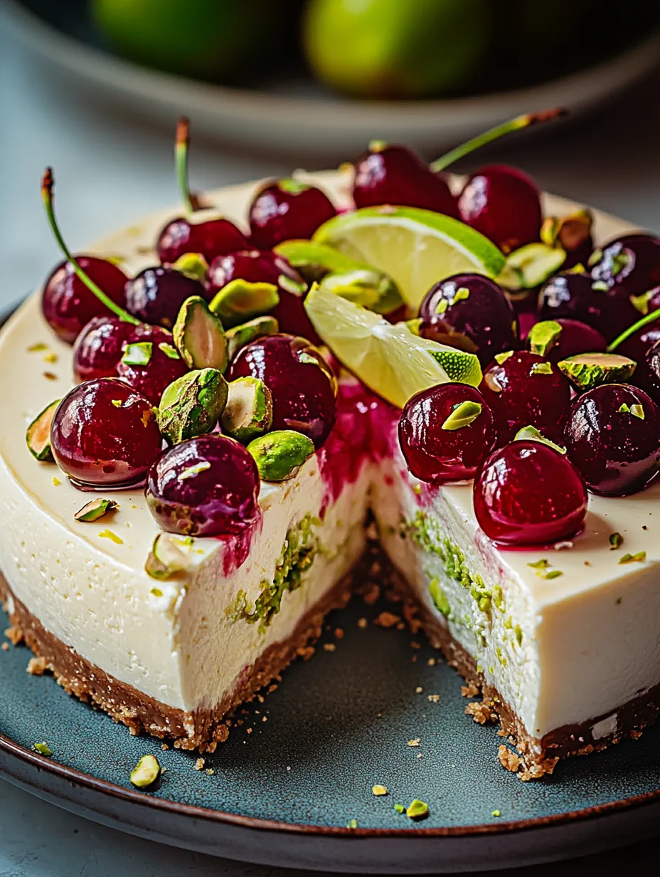 A slice of cake with cherries and lime on top.