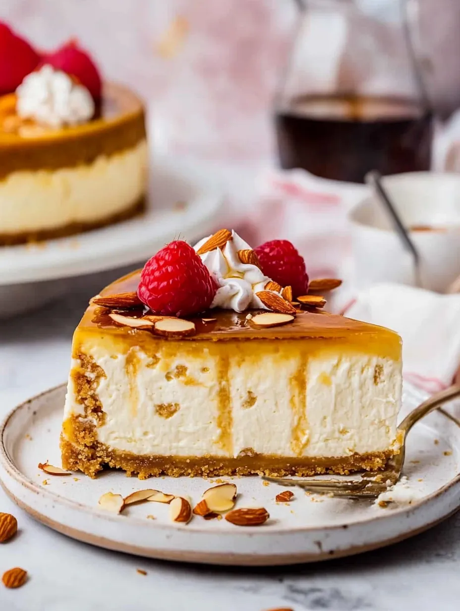 A slice of cheesecake with raspberries on top.