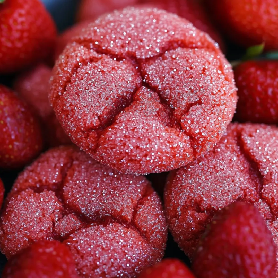 A red strawberry with sugar on top.