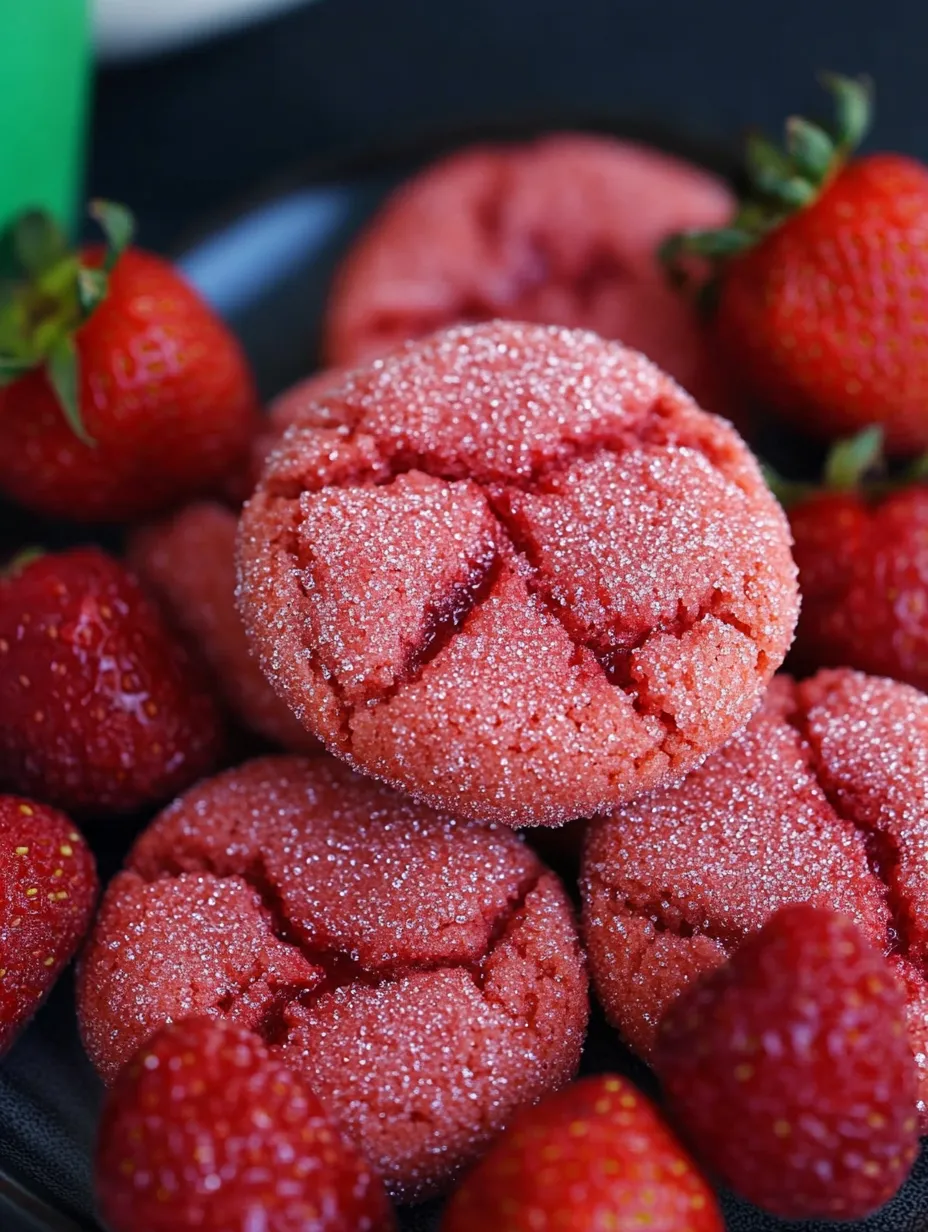 A plate of red strawberries and a red cookie with sugar on top.