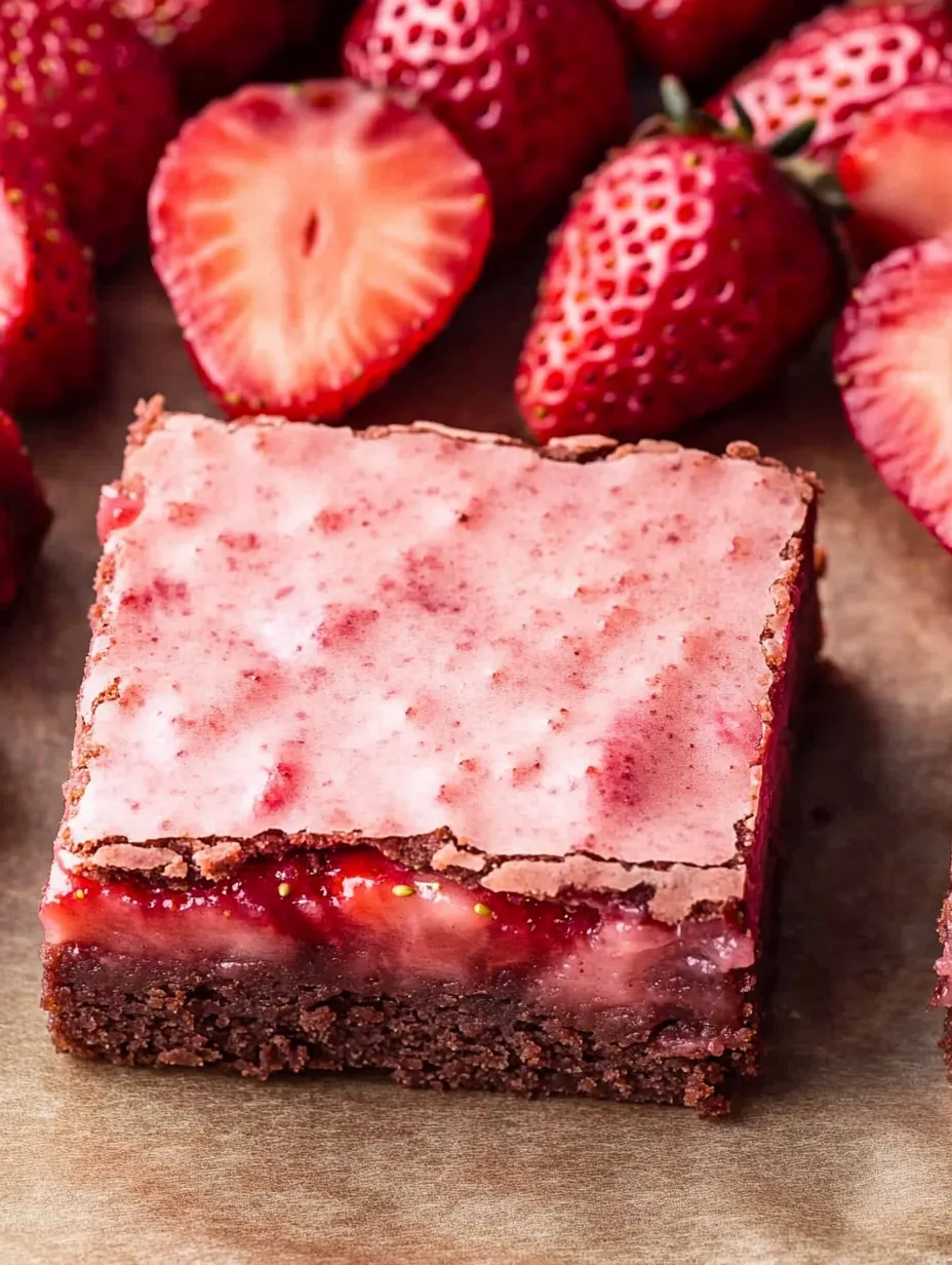 A square piece of cake with strawberries on top.