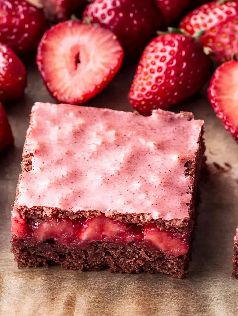 A square of chocolate cake with strawberries on top.