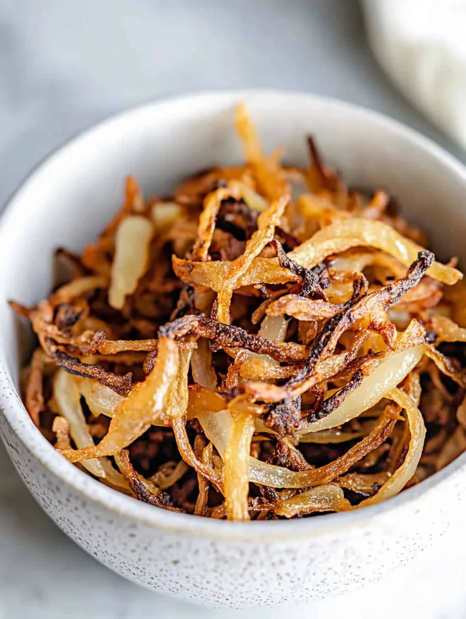 A bowl of fried onions in a white bowl.