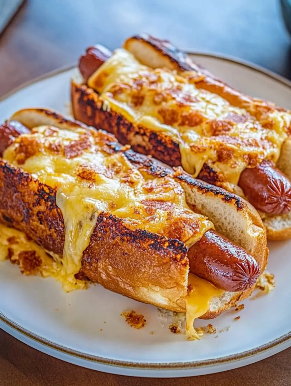 Two hot dogs with cheese on a plate.