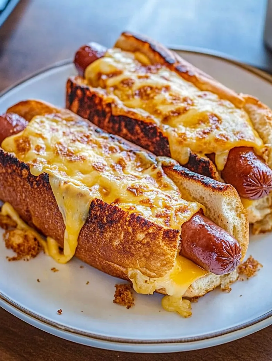 Two hot dogs with cheese on a plate.