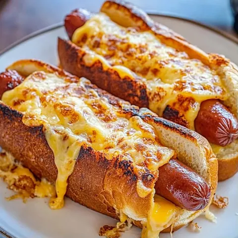 Two hot dogs with cheese on a white plate.