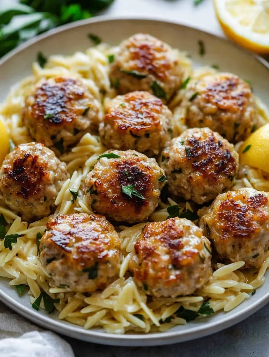 A plate of meatballs and noodles with a lemon wedge on the side.