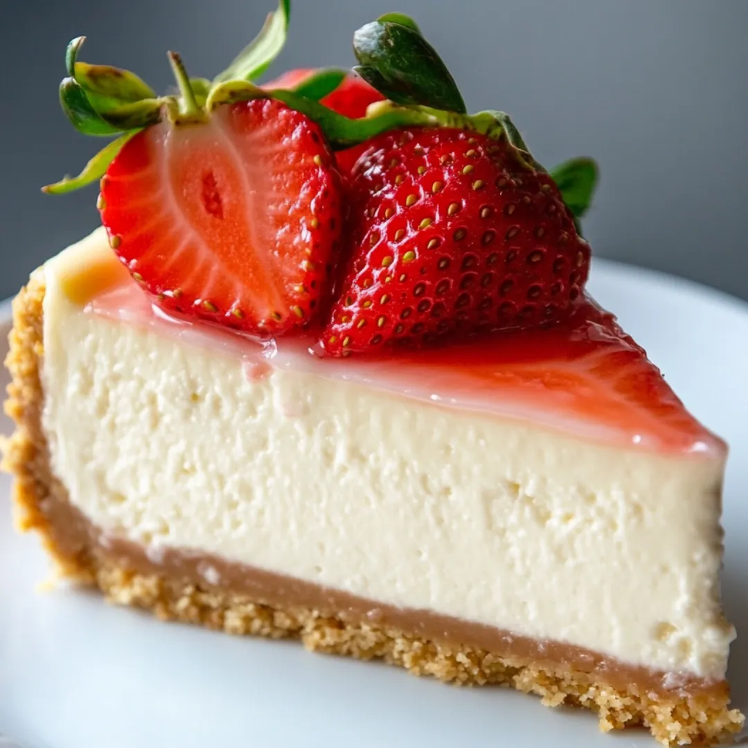 A slice of cheesecake with strawberries on top.