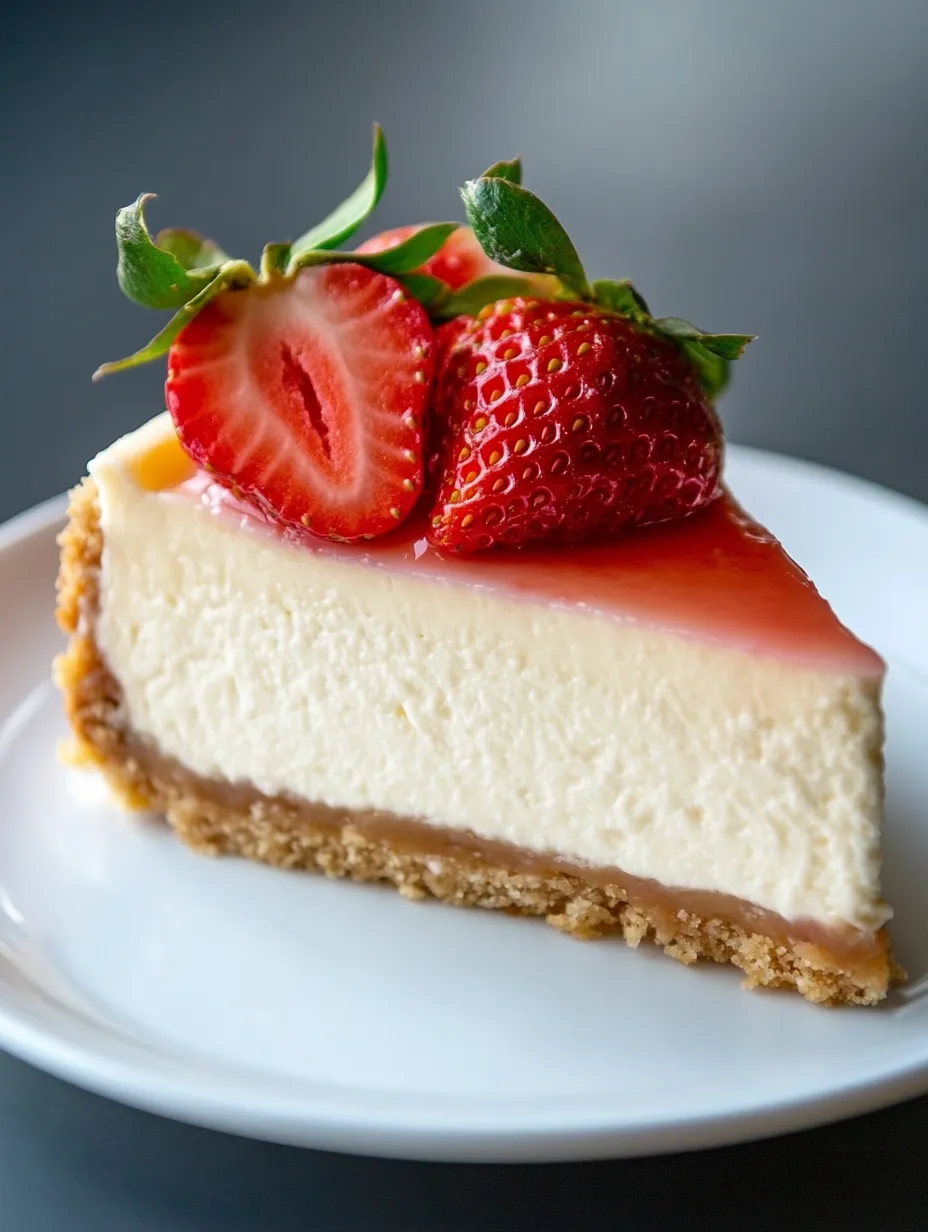 A slice of cheesecake with strawberries on top.