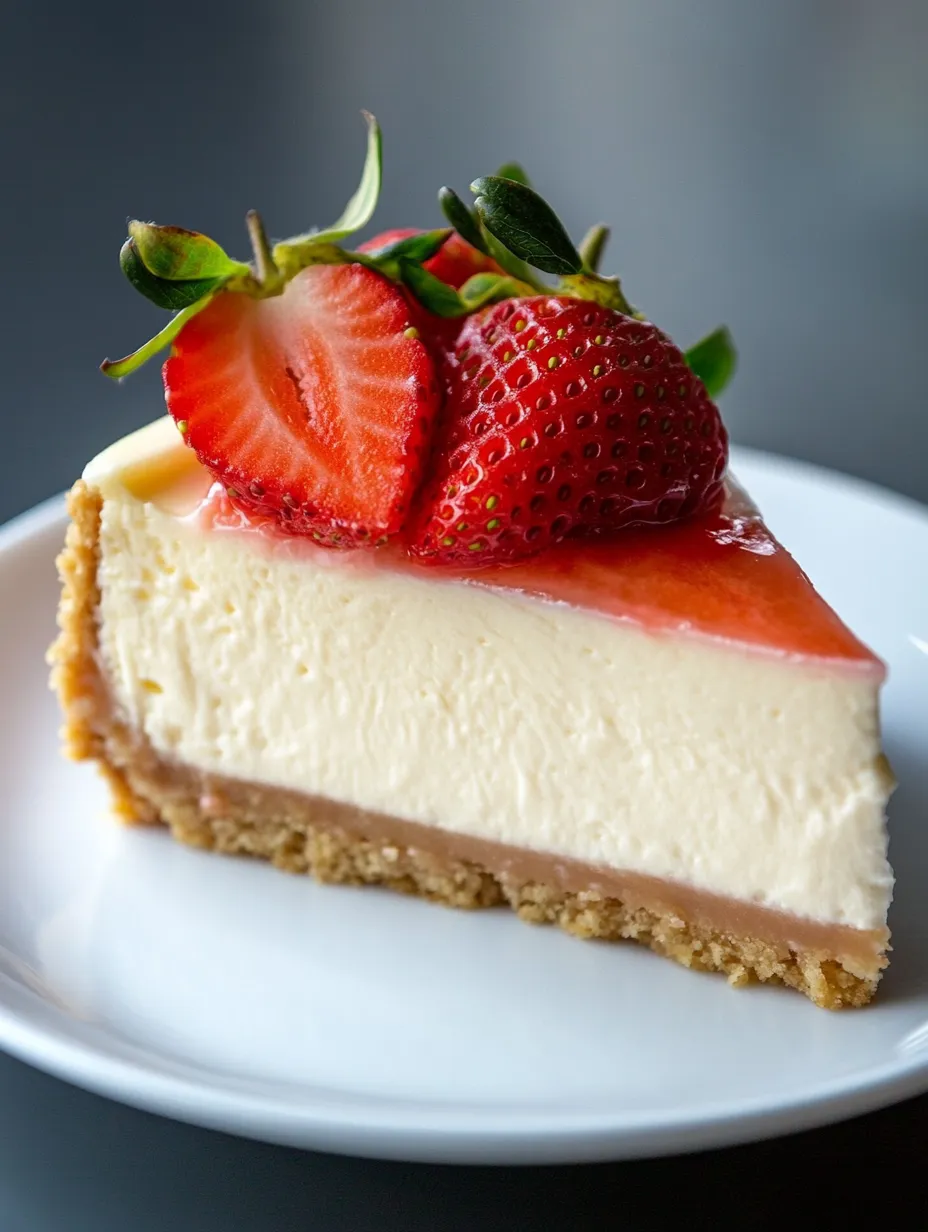 A slice of cheesecake with strawberries on top.