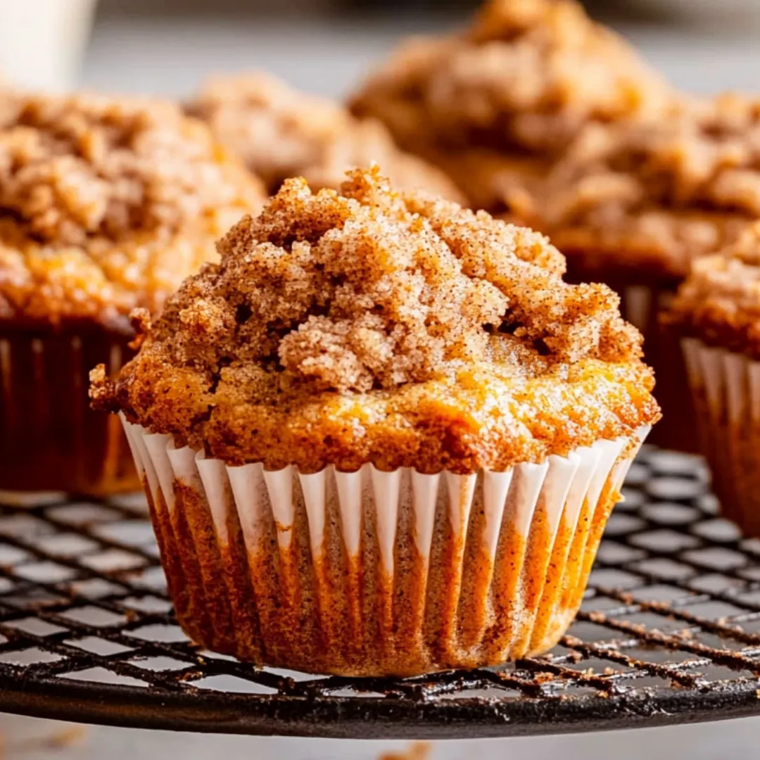 A cupcake with a brown sugar topping on a black wire rack.