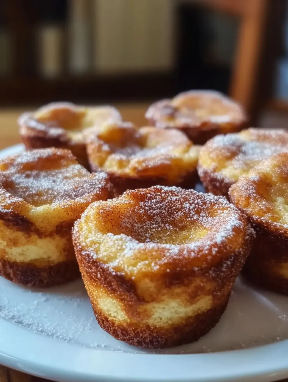 A plate of powdered pastries, including cinnamon rolls, is displayed on a table.