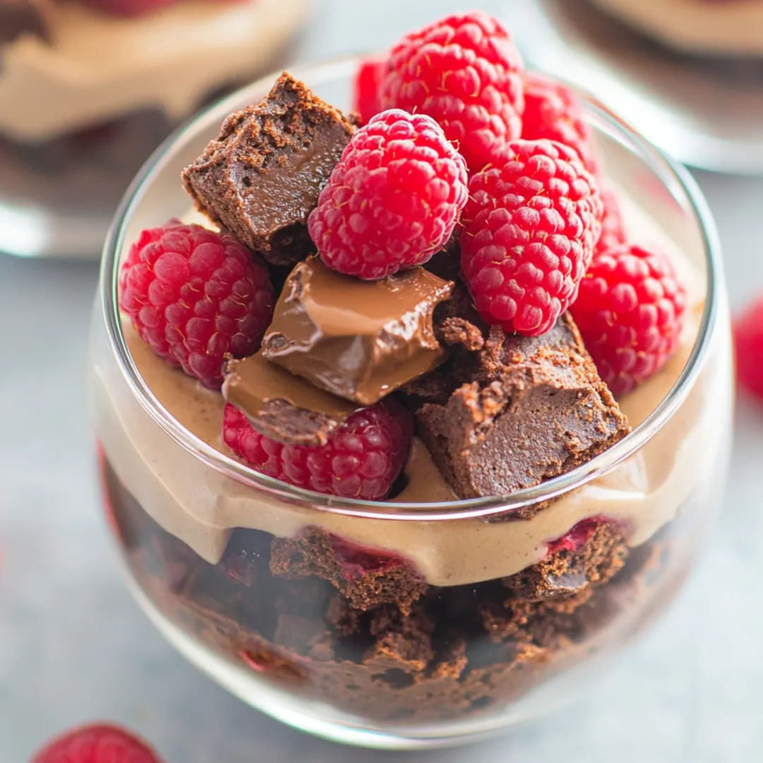 A glass of chocolate and raspberry dessert.