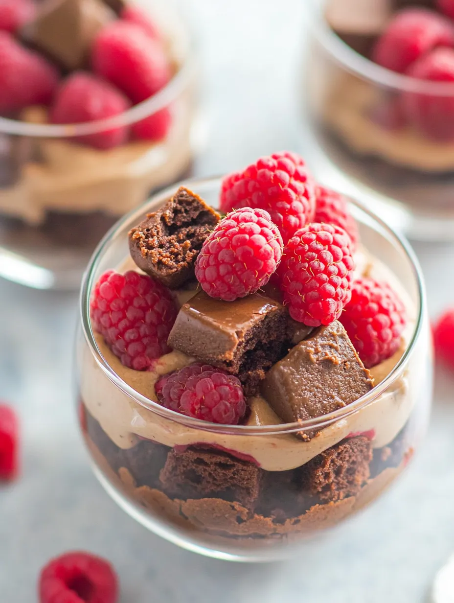 A glass bowl filled with chocolate and raspberries.