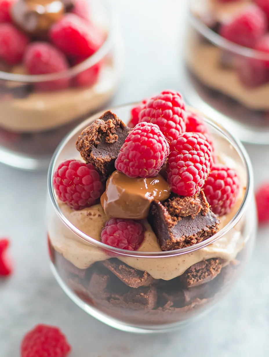 A glass of chocolate and raspberry dessert with a spoon in it.