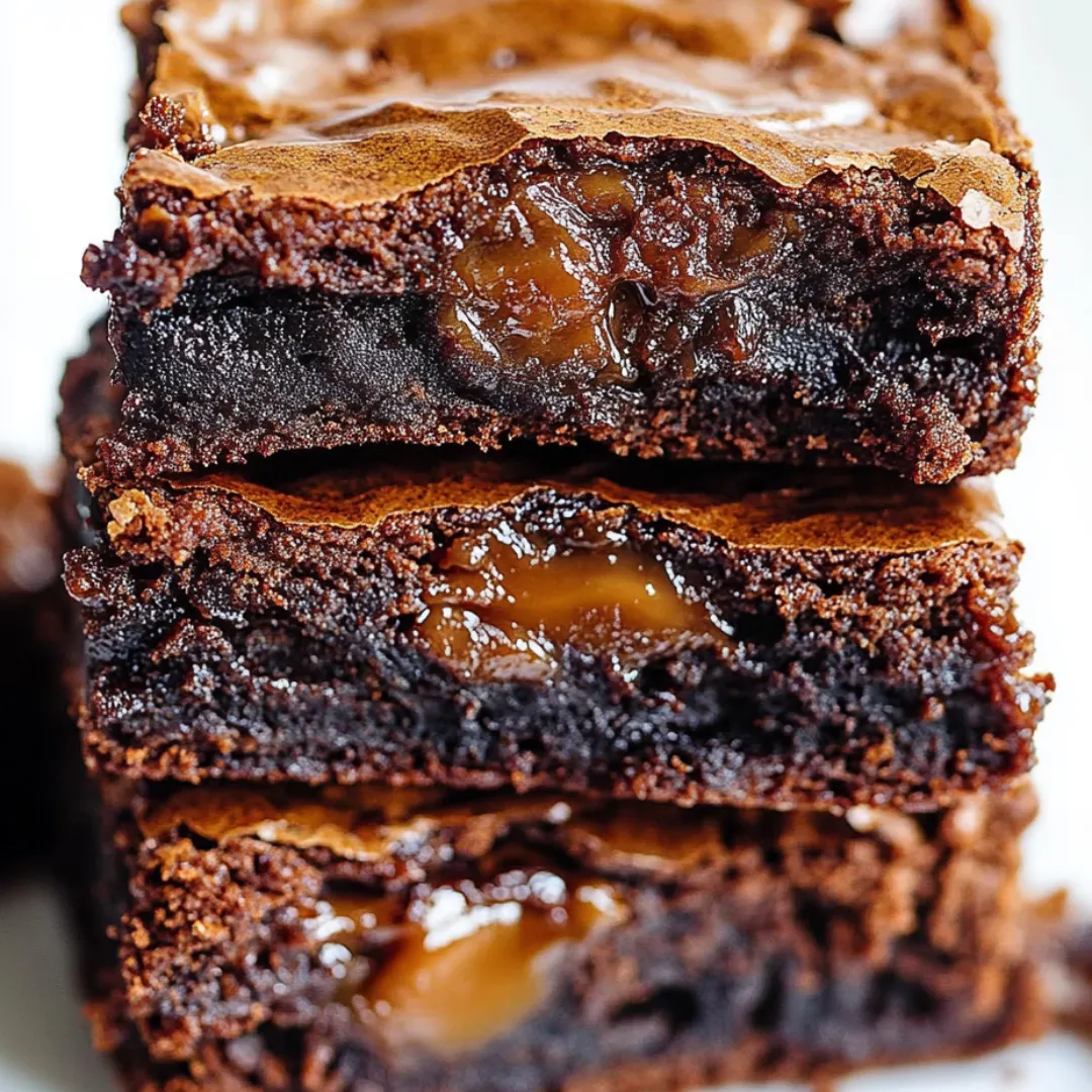 Three pieces of chocolate cake with caramel topping.