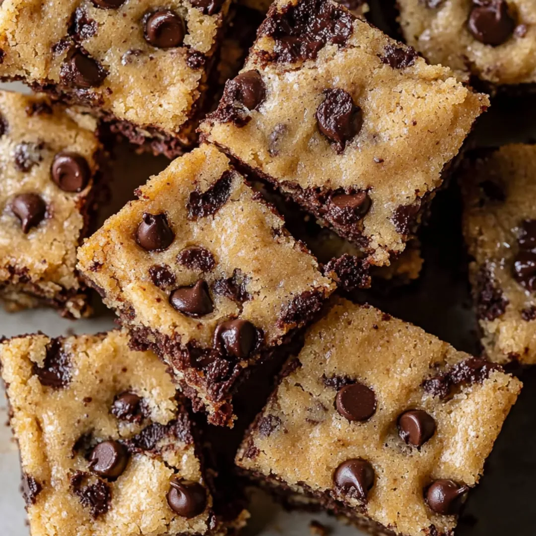 A square of chocolate chip cake with chocolate chips on top.