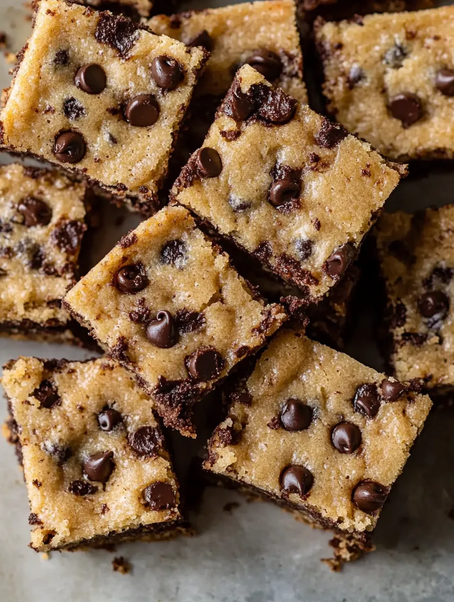 Chocolate chip cookie squares on a table.