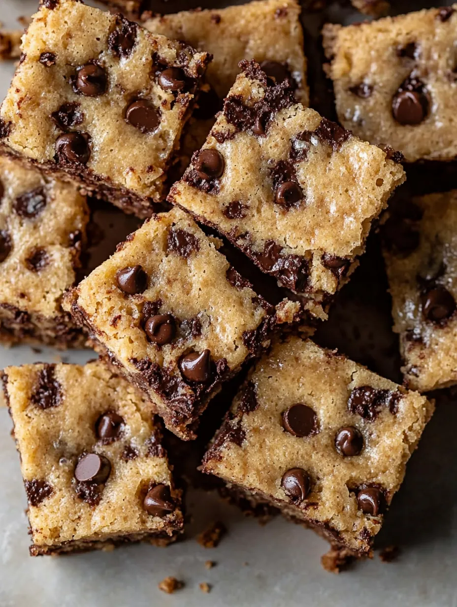 A square of chocolate chip cake with chocolate chips on top.