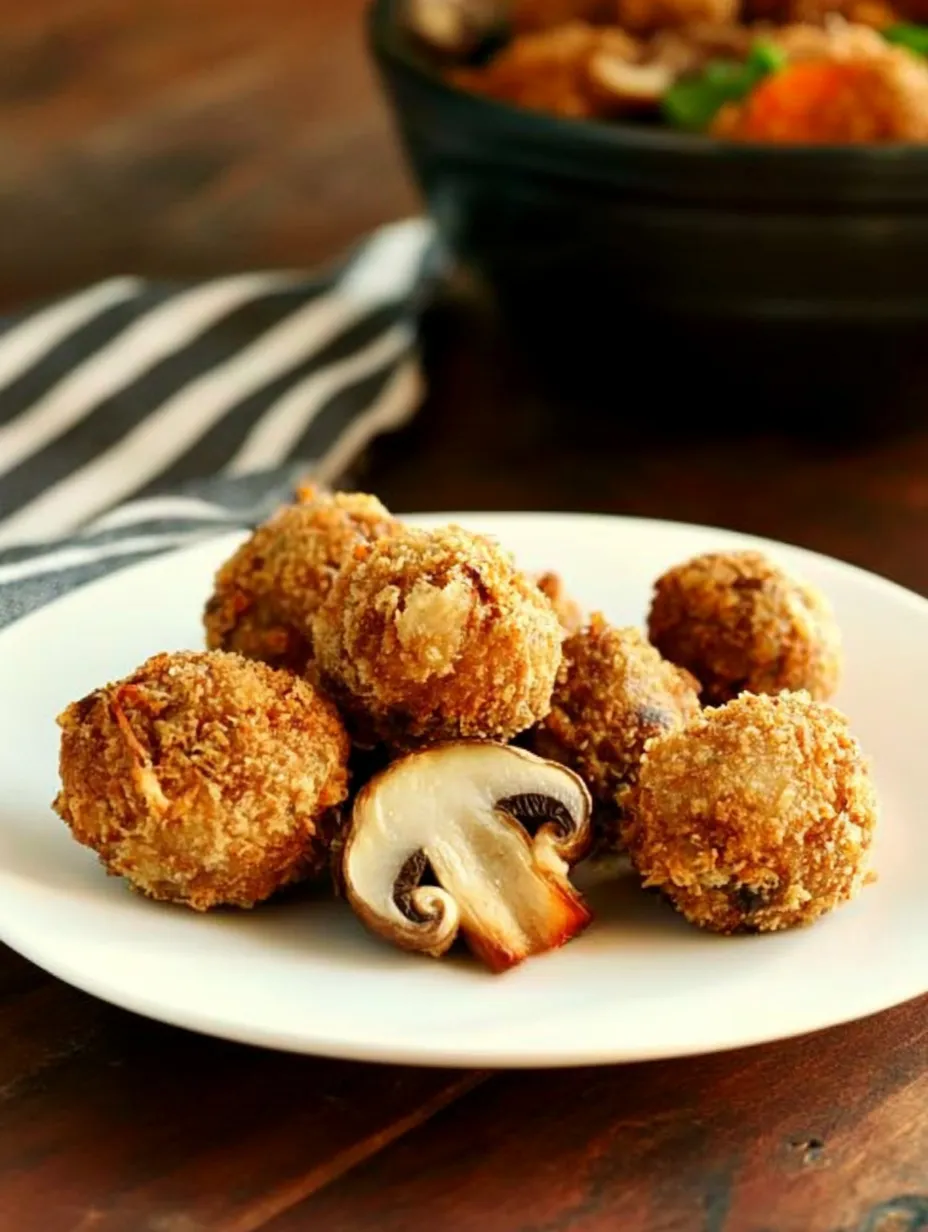 A plate of food with a mushroom and a piece of meat on it.