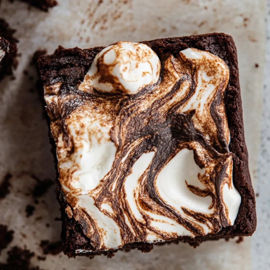 A square of chocolate brownie with white frosting and a marshmallow on top.