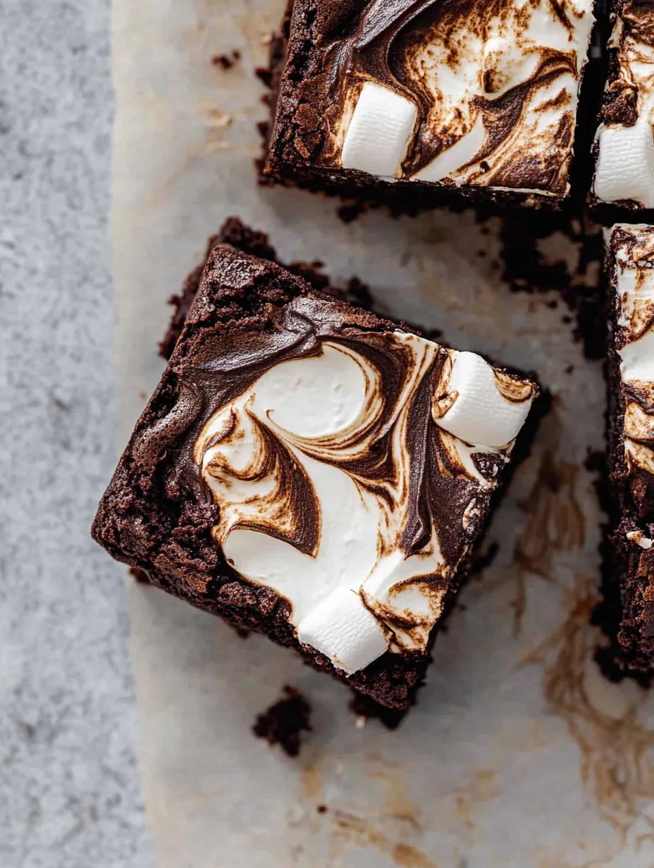 A piece of chocolate cake with white frosting and marshmallows on top.