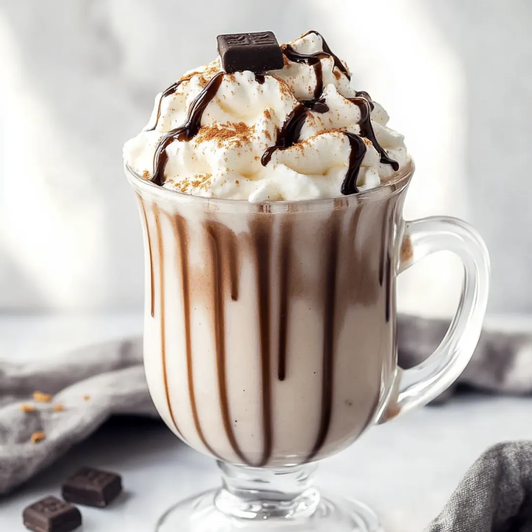 A glass of milk with a chocolate topping and whipped cream.