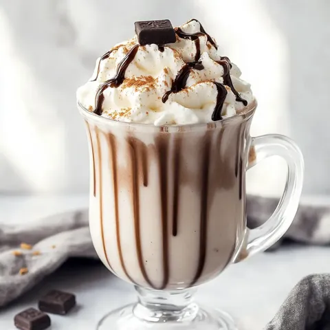 A glass of milk with a chocolate topping and whipped cream.