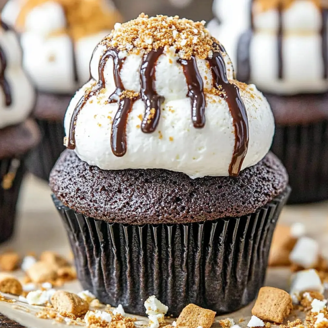 A cupcake with chocolate frosting and marshmallows on top.