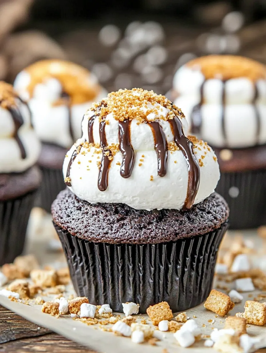 A chocolate cupcake with white frosting and chocolate drizzle.