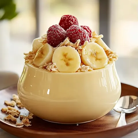 A bowl of fruit with bananas, raspberries, and cereal.