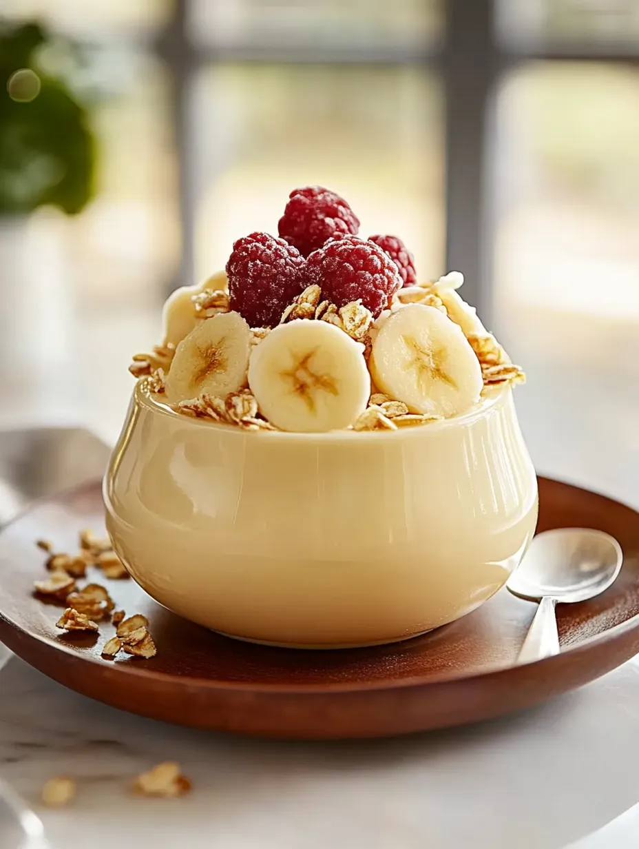 A bowl of yogurt with bananas and raspberries on a wooden tray.