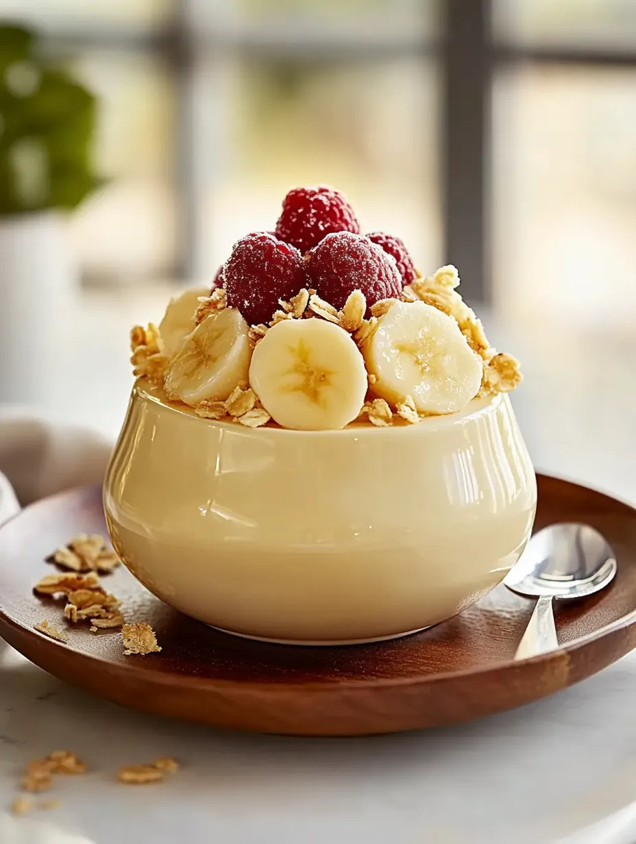 A bowl of granola with bananas and raspberries.