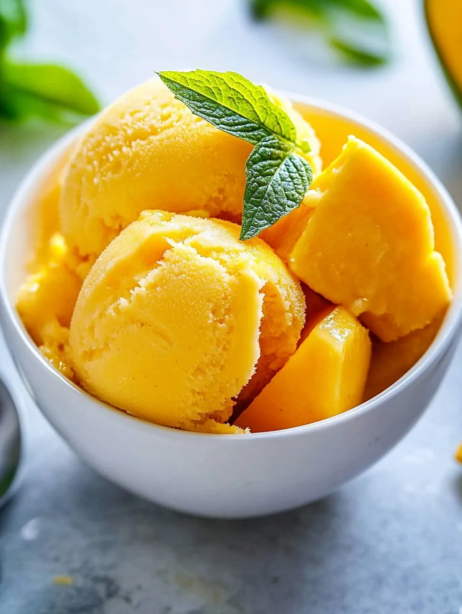 A bowl of orange ice cream with a mint leaf on top.