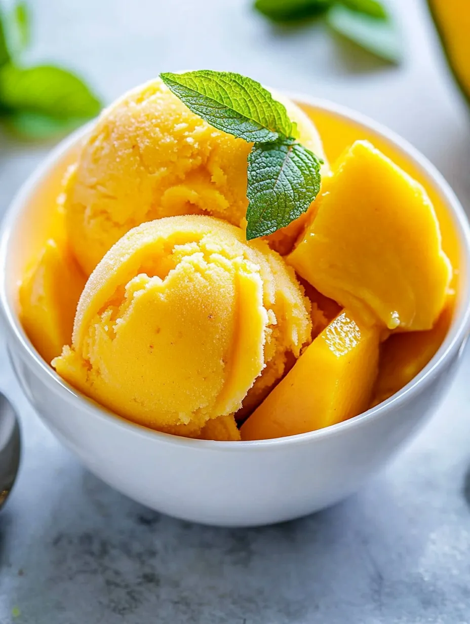 A bowl of mango ice cream with a mint leaf on top.