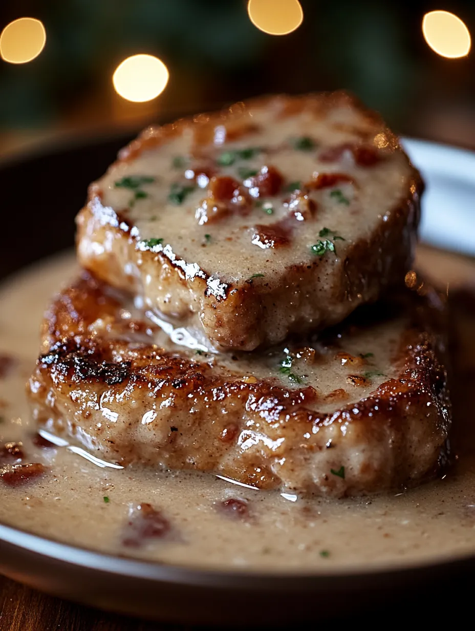 Two pieces of meat covered in gravy and topped with herbs.