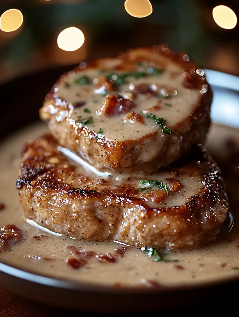 Two pieces of meat with gravy on top, served on a plate.