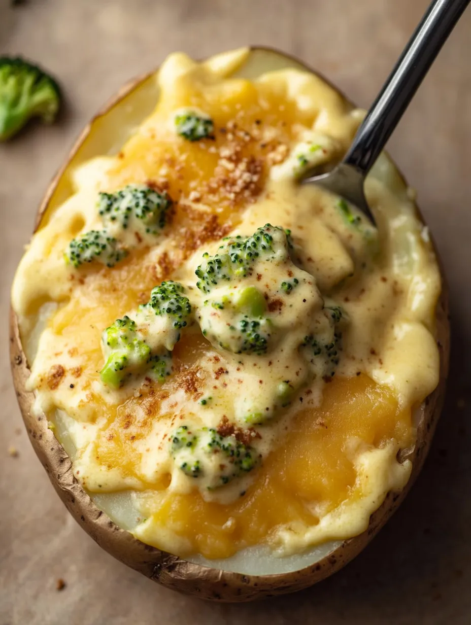 A close up of a baked potato with broccoli and cheese on top.