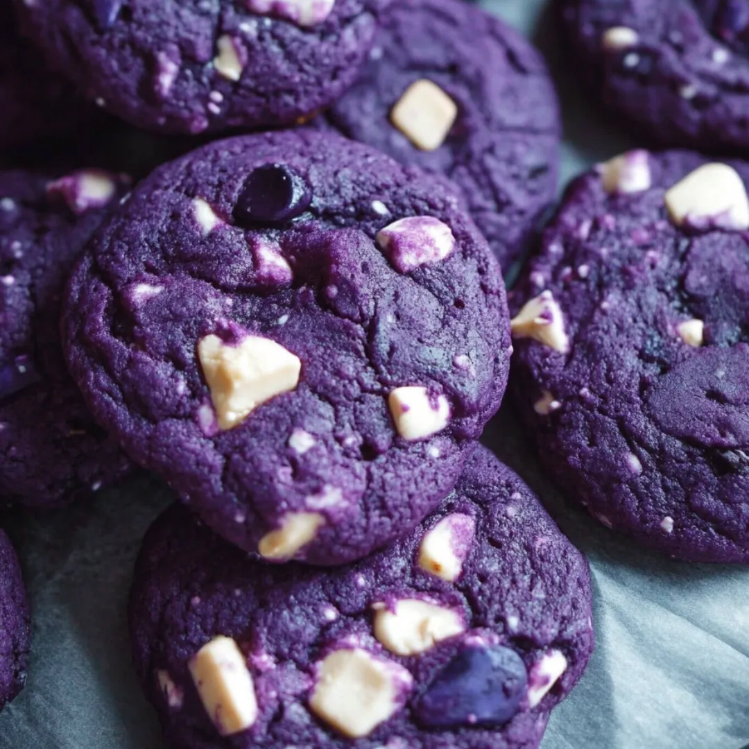 A purple cookie with chocolate chips and nuts on top.