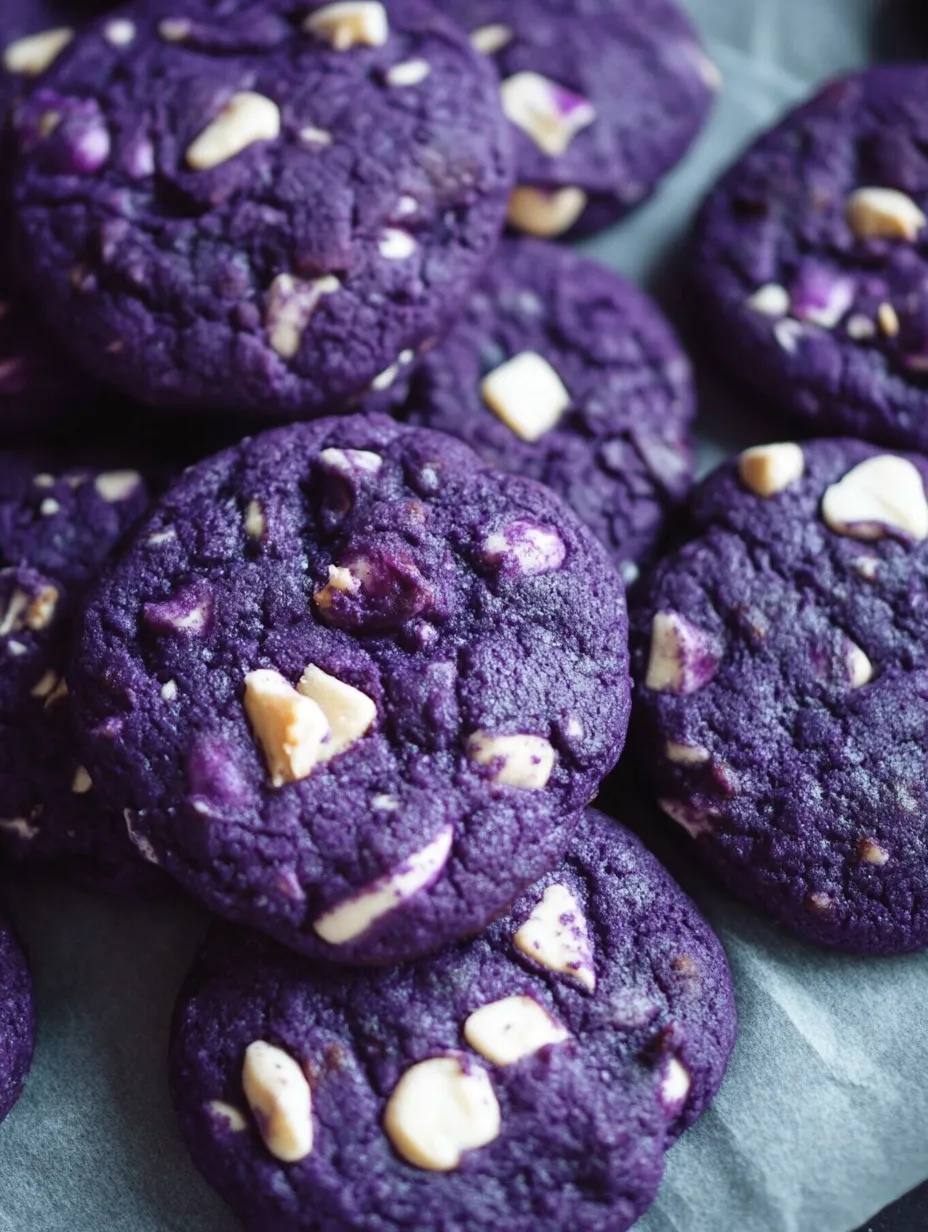 Purple chocolate cookies with nuts on a table.