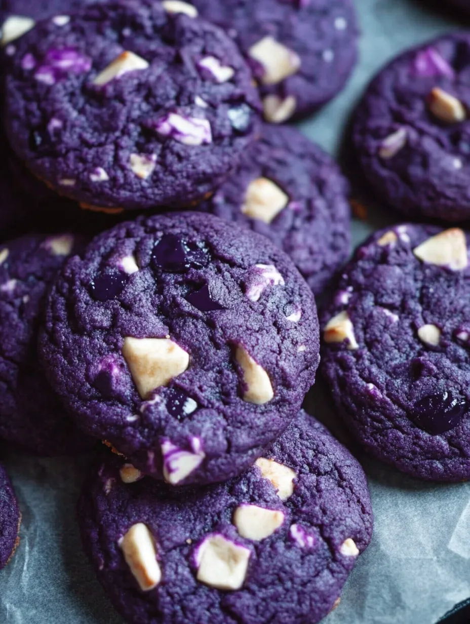 A purple cookie with white chocolate chips on top.