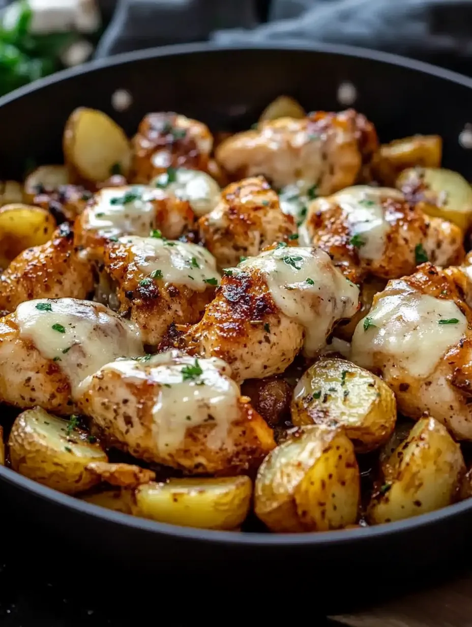 A delicious meal of chicken and potatoes in a black pan.