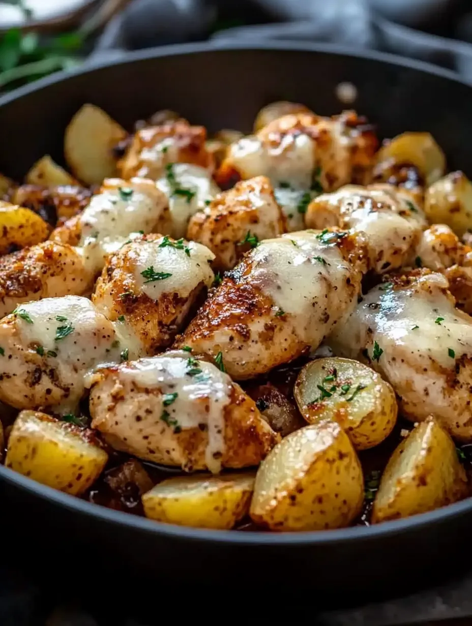 A bowl of food with chicken and potatoes.