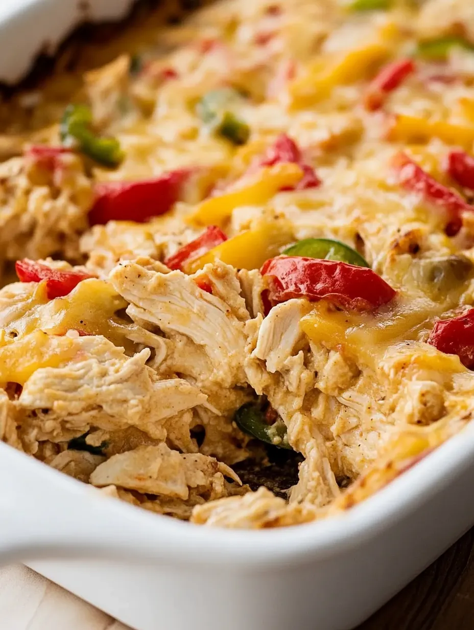 A delicious casserole with chicken, peppers, and cheese.