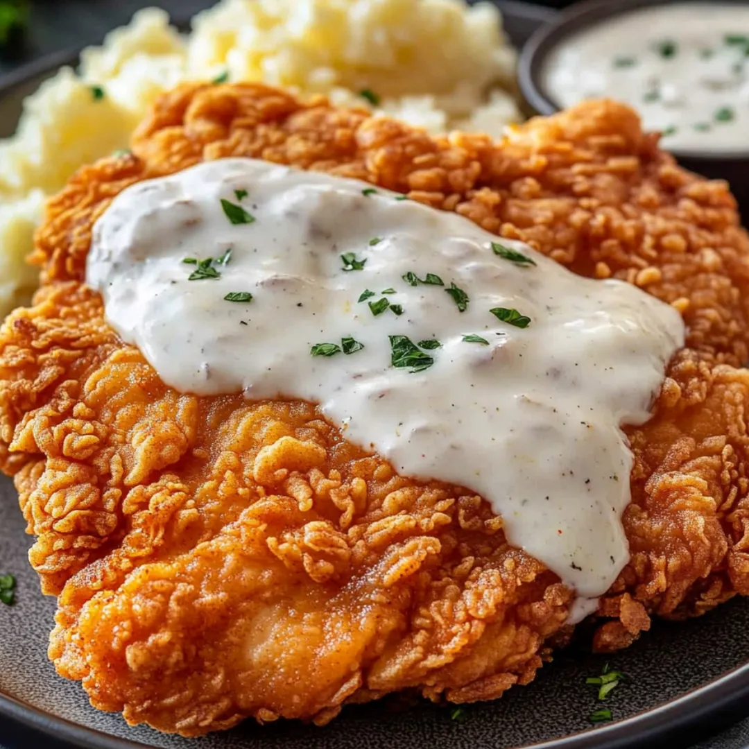 A plate of food with a piece of meat covered in sauce and a side of mashed potatoes.