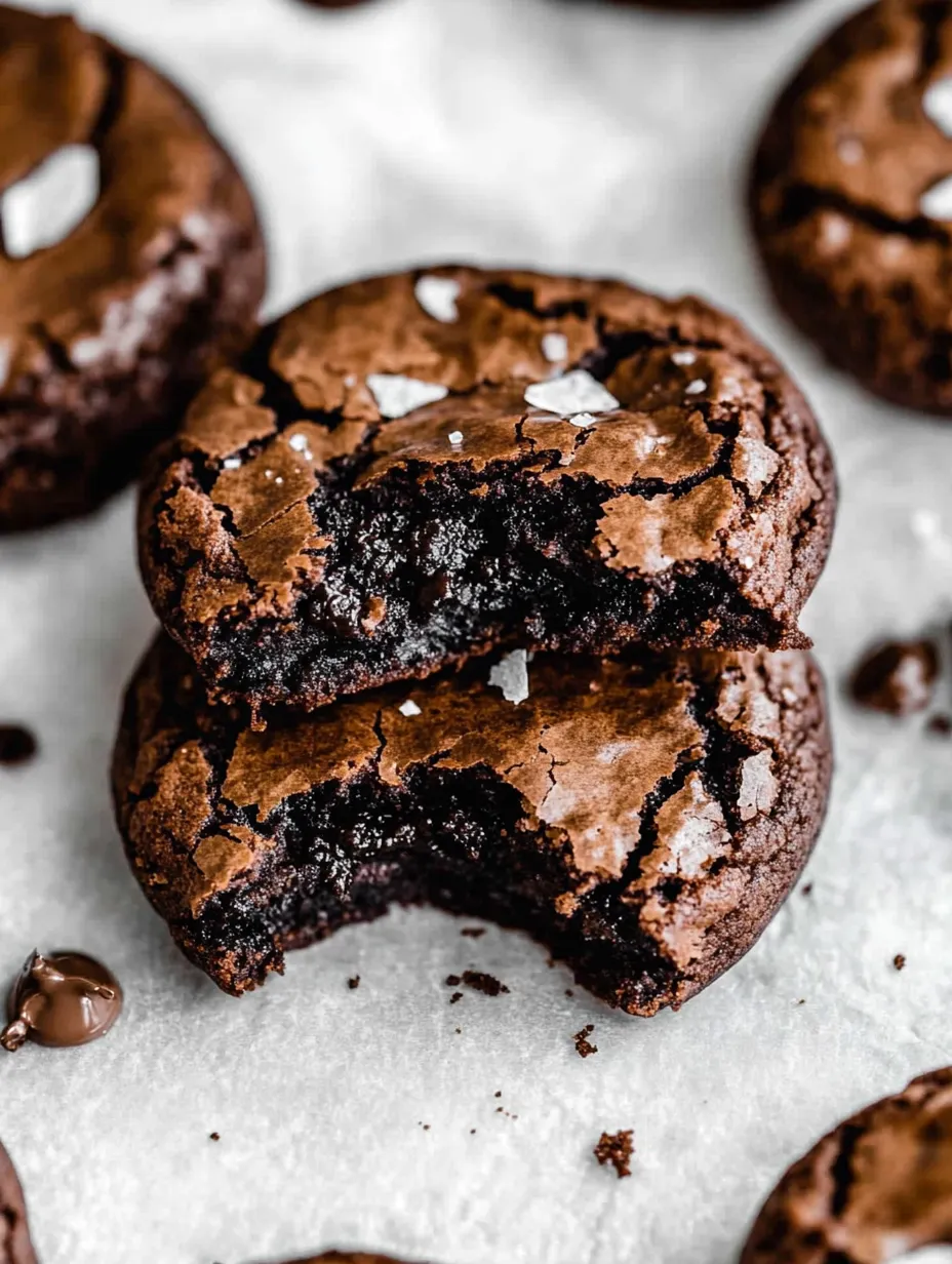 Two chocolate brownies with white sprinkles on a white surface.