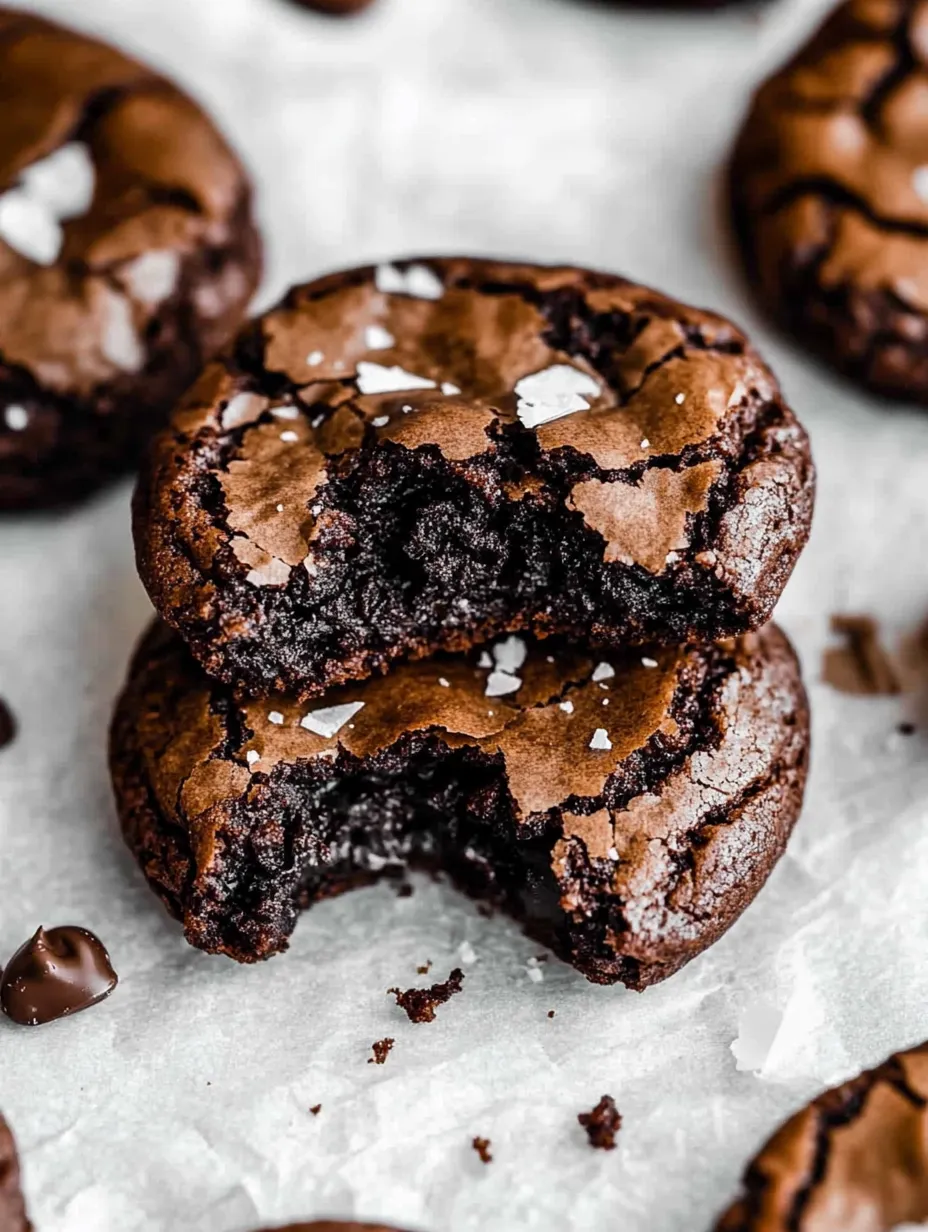 Two chocolate cookies with white sugar sprinkles on a white surface.