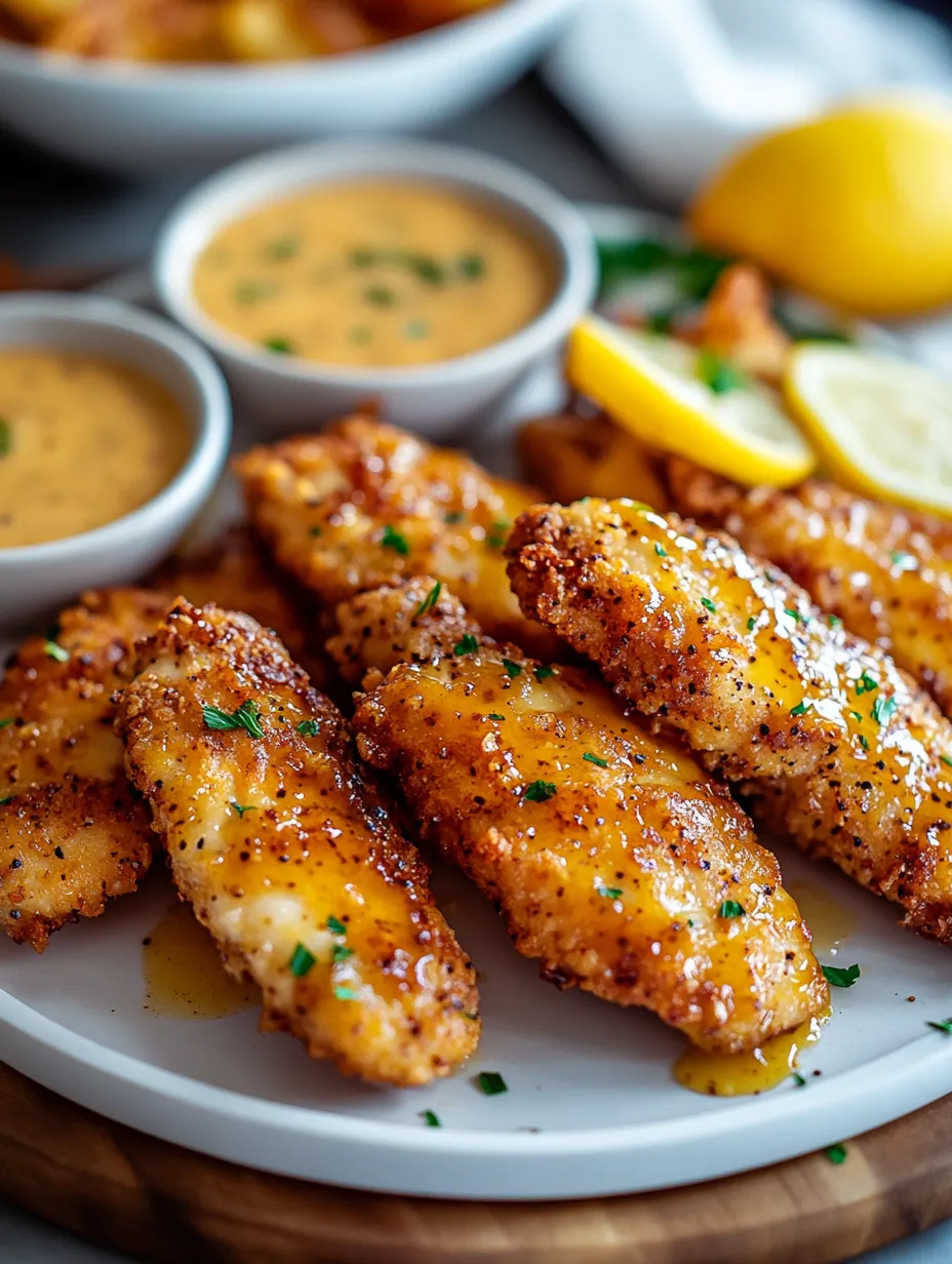 A plate of fried fish with a dipping sauce and a lemon wedge.