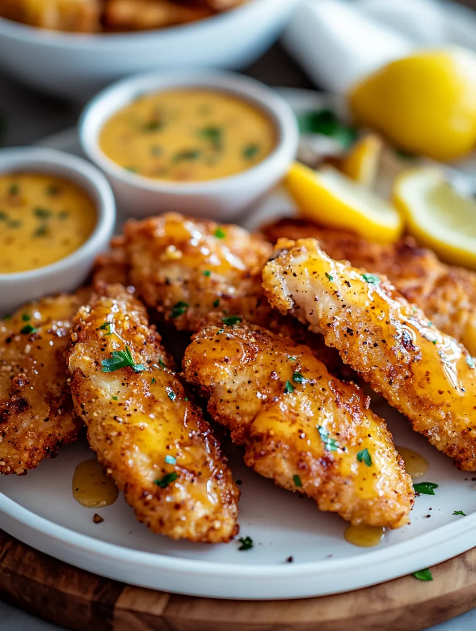 A plate of fried chicken with a dipping sauce and a lemon wedge.