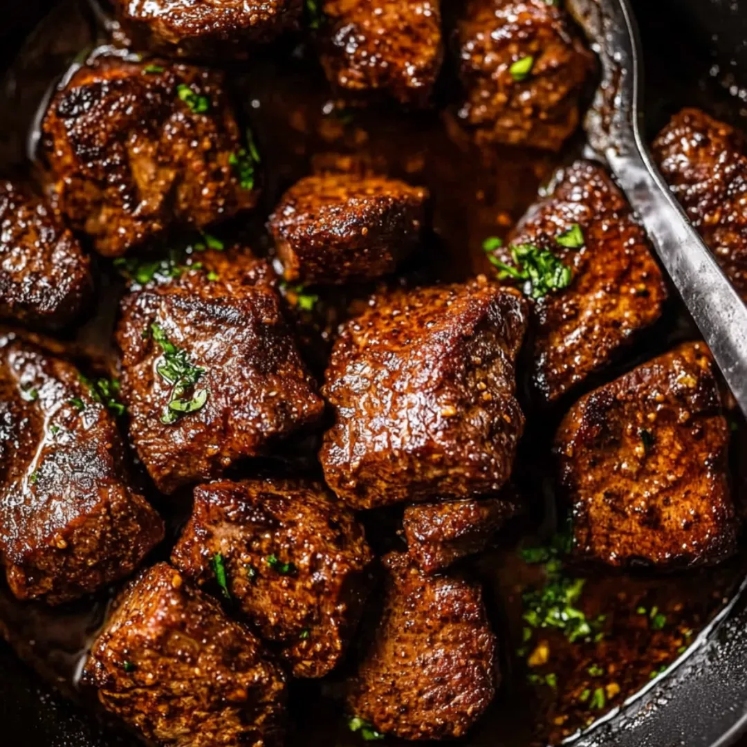 A bowl of meat with a spoon in it.